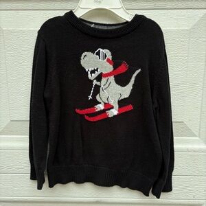 The Children's Place Black Sweater with Gray & Red Skiing Dinosaur Graphic